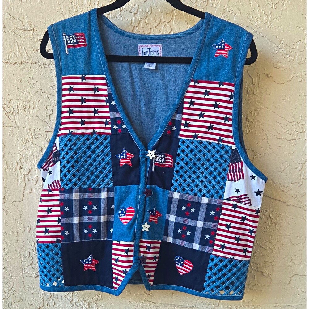 TanTrums Womens Patchwork Cotton Vest LARGE Stars Stripes USA Patriotic Novelty